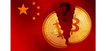 chinese flag, broken bitcoin and a question mark